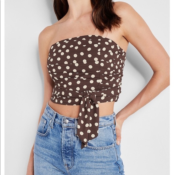 NWT Bloggers Favorite Express Polka Dot Ruched Tie Waist Tube Top - Picture 4 of 13